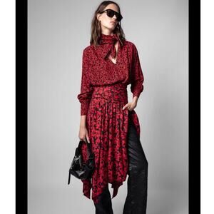 NWT Zadig & Voltaire Defile Red Printed Jacquared Silk Midi Skirt